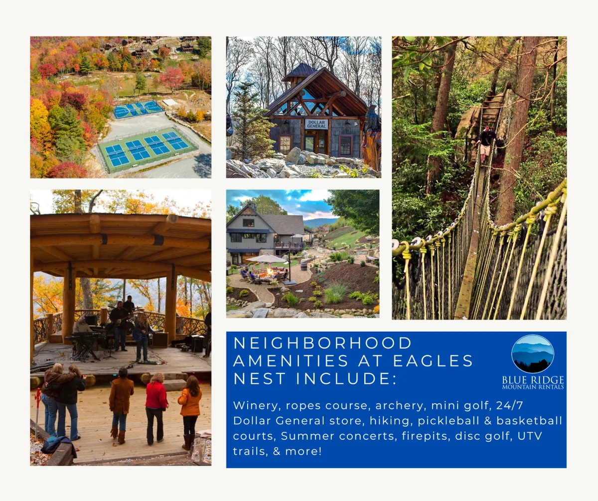 A sweeping exterior scene featuring the resort's ropes course, archery range, an outdoor concert stage, and scenic mountain views. The foreground includes the ropes course and gathering area, evoking a sense of adventure and community engagement.